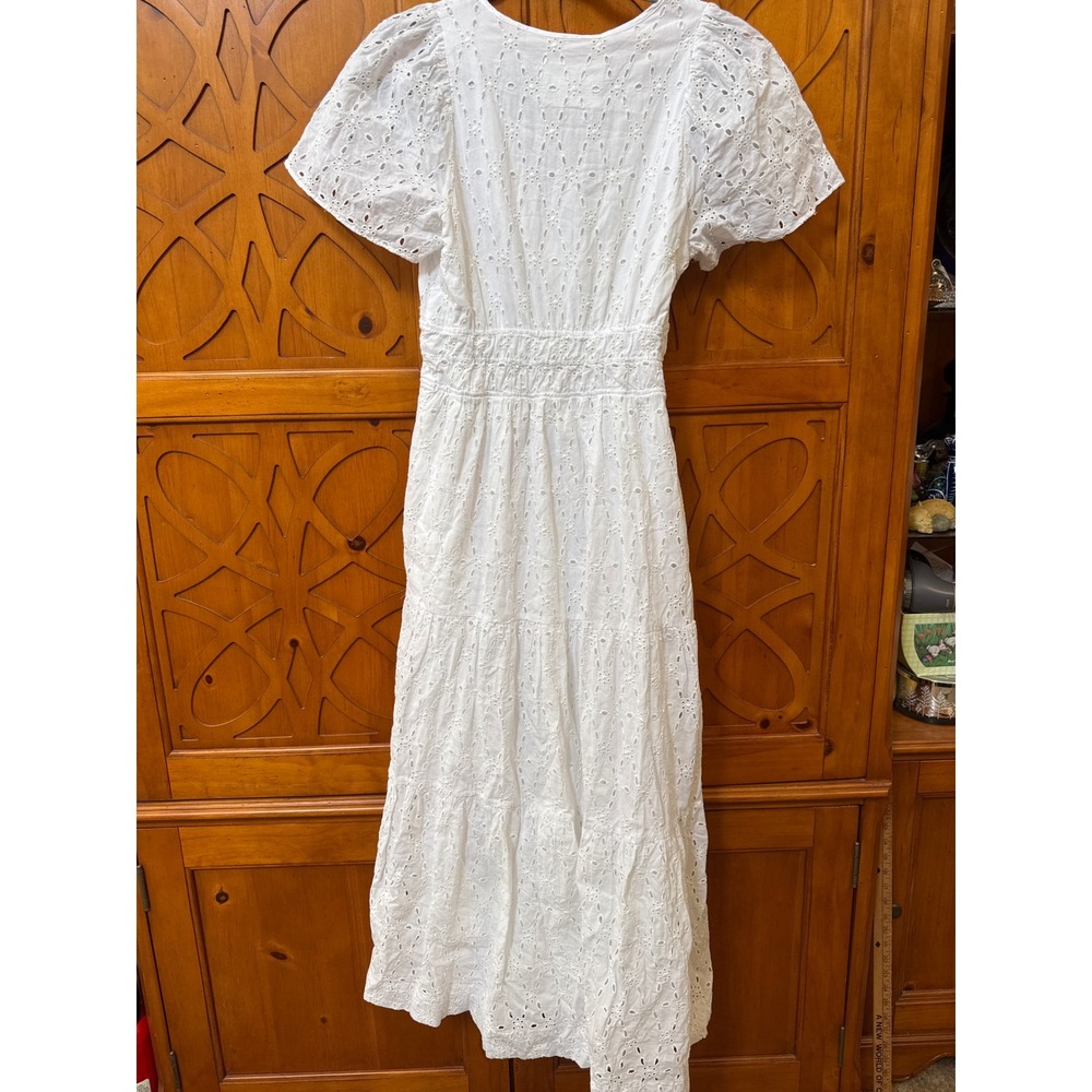 Maeve Anthropologie White Eyelet Maxi Dress V-Neck Smocked Tiered Medium - Picture 8 of 8